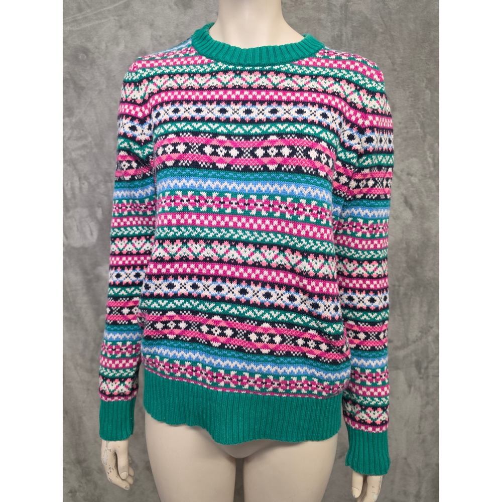 J.Crew Womens Fair Isle Crewneck Sweater Pink Green Blue Cotton Knit Medium